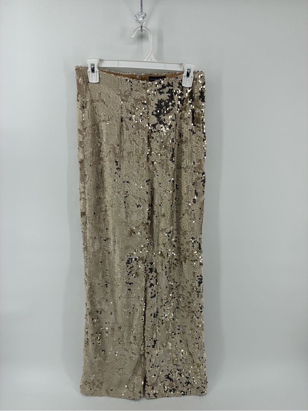 JLUXLABEL Gold Sequin Embellished Beige Velour Straight Leg Pants